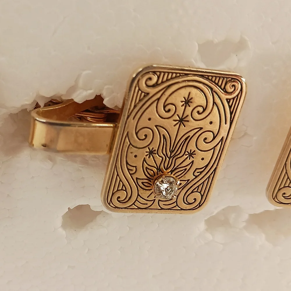 Cufflinks Tie Clip Set VTG MCM Etched Scrolls Stars Space Age Gold Tone Crystal
